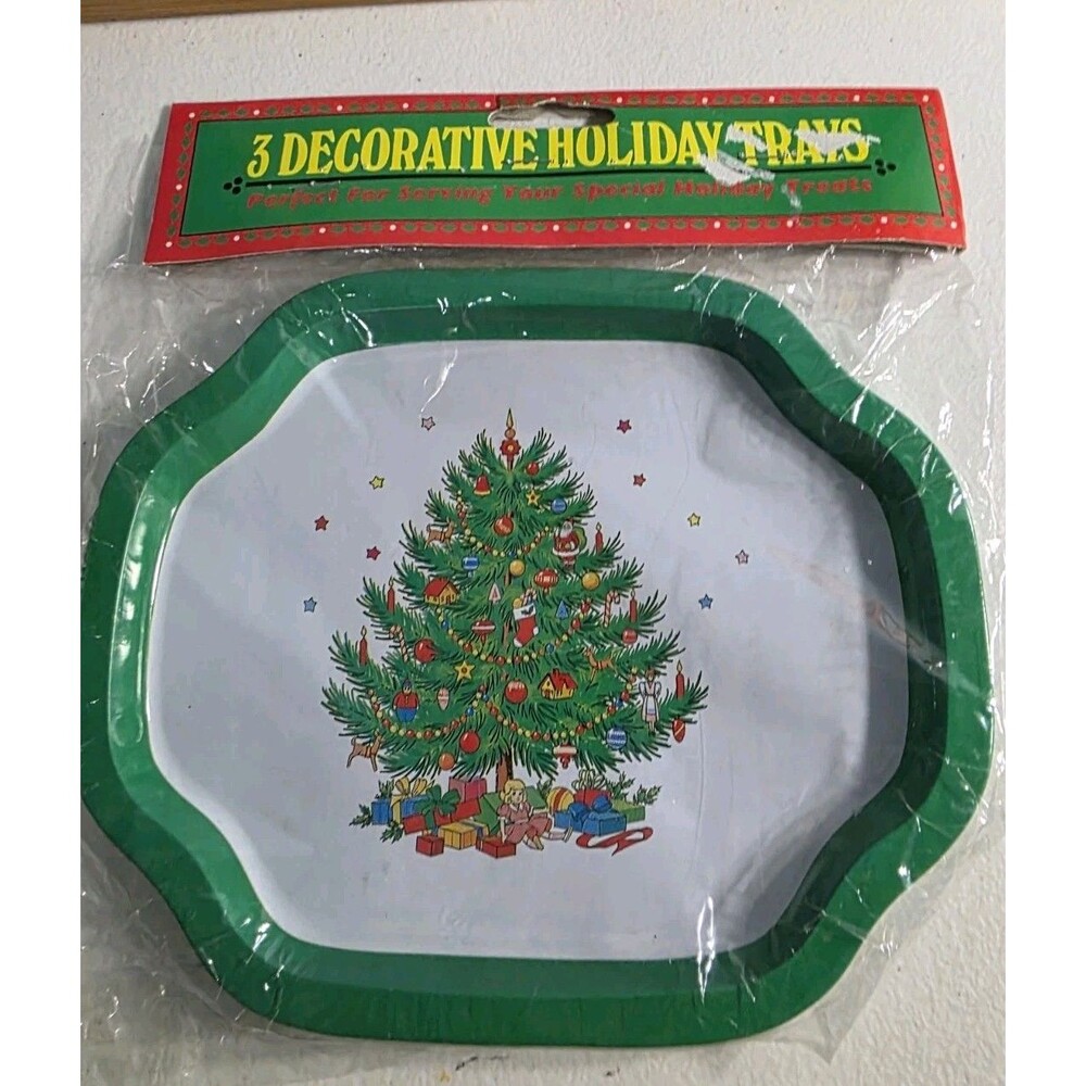 Vtg 3 Christmas Tree Decorated Metal Trays Ullman Company New In Package 7" X 5"